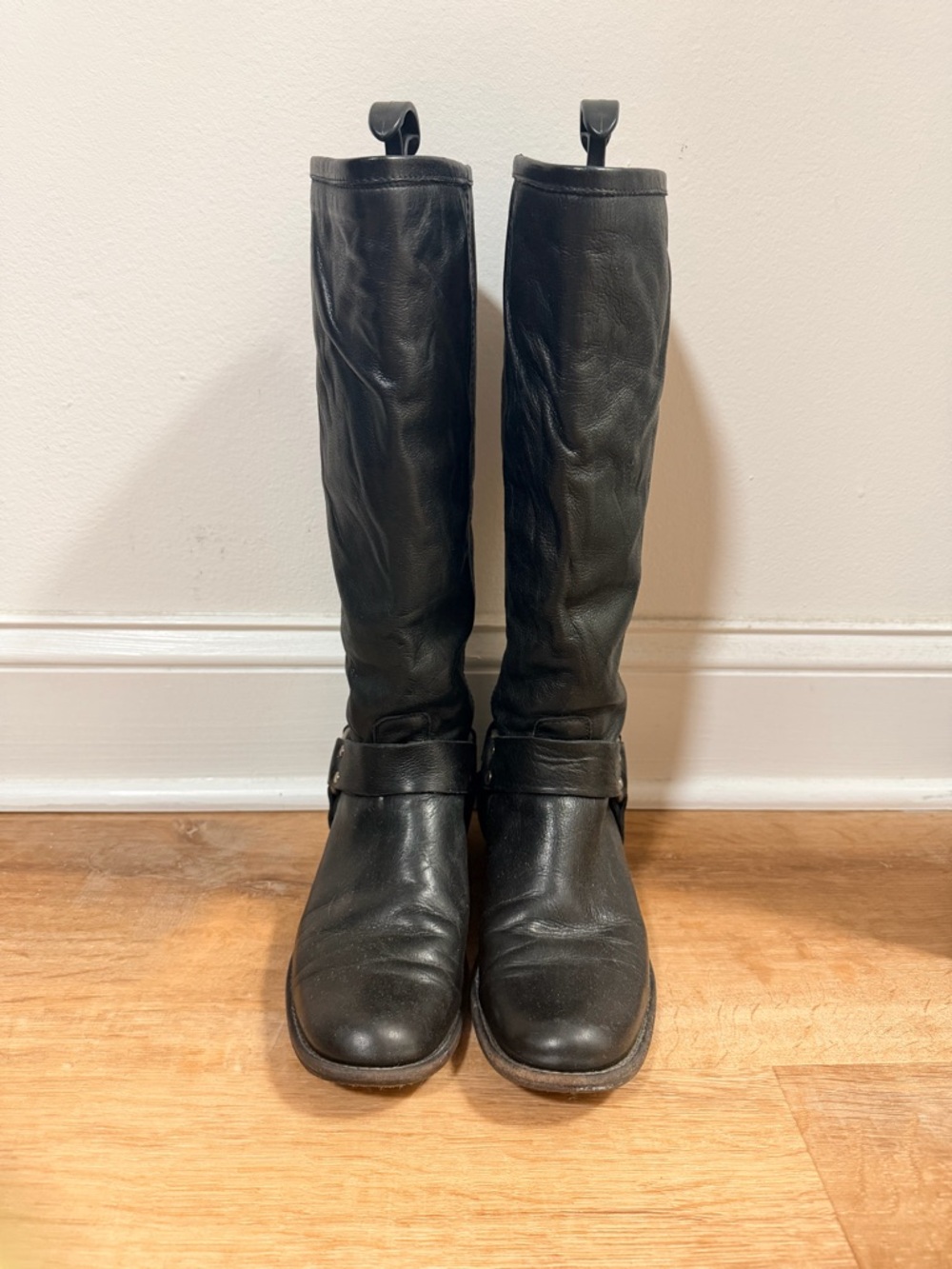 Frye Black Leather Knee-High Boots with Tan Interior